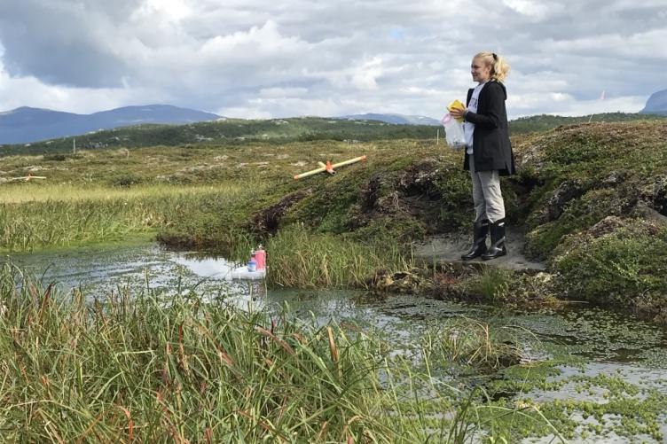 学生研究员站在瑞典北极地区的小溪边.