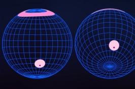 两个球体的图解, in shades of purple and pink, that represent a neutron star as seen from Earth.